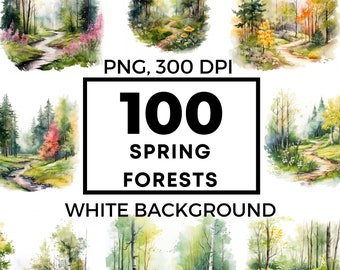 Spring forest clipart, watercolor spring forest art, spring landscape, spring forest png, commercial use, POD allowed, 100 images