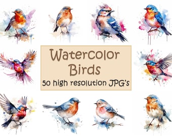 Watercolor Birds, 50 high resolution JPG's, Bird clipart,  Birds, clipart, cute Birds ,  pet art,  poster print, clipart, JPG