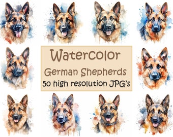 Watercolor german shepherds, 50 high resolution JPG's, german shepherd clipart,  clipart, cute dogs, poster print, clipart, JPG, cute animal