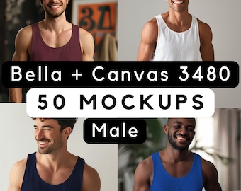 Bella Canvas 3480 Mockup bundle, 3480 male mock-ups, Mens Tank Mockup, Tank Top Mock up, 3480 Bella Canvas male mocks, 50 male model png jpg