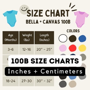 Maattabel 100B, maattabel baby, Bella Canvas 100B, kleurenkaart neutraal babymodel, maatmetingen, digitale download, png en jpg