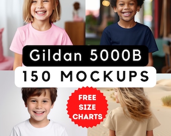 Gildan 5000B Mock-Up Bundle, 150 Print-on-Demand Gildan Mock-Ups, Kinder T-Shirt Mocks, Kinder Tshirt Mocks Bundle, kommerzielle Nutzung, 150 png jpg