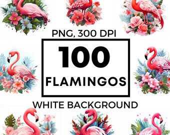 Watercolor flamingo clip art, flamingo clipart bundle, flamingo png, bird clipart, tropical birds, commercial use, POD allowed, 100 images