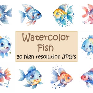 Aquarell Fisch Clipart, 50 hochauflösende JPG's, Fisch Clip Art niedliche Fische, niedliche Tiere, Posterdruck, Clipart, JPG