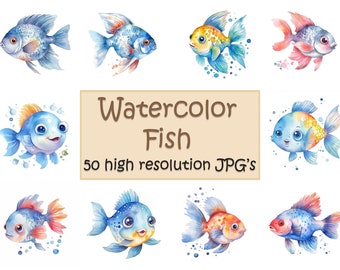 Watercolor fish clipart, 50 high resolution JPG's, fish clip art cute fish , cute animals, poster print, clipart, JPG