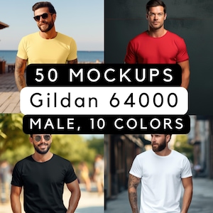 Gildan 64000 mock up bundle, 50 Print-on-demand male mock-ups, male tee shirt mocks, G64000 mockup bundle, commercial use, 50 pngs image 1