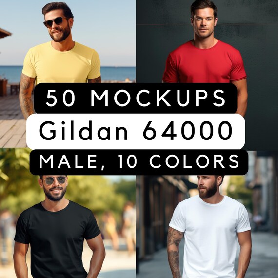 Gildan 64000 mock up bundle, 50 Print-on-demand male mock-ups, male tee shirt mocks, G64000 mockup bundle, commercial use, 50 pngs