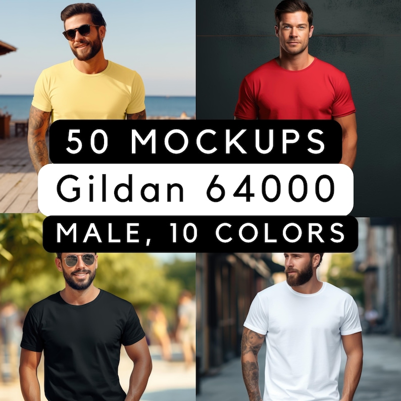 Gildan 64000 mock up bundle, 50 Print-on-demand male mock-ups, male tee shirt mocks, G64000 mockup bundle, commercial use, 50 pngs image 1