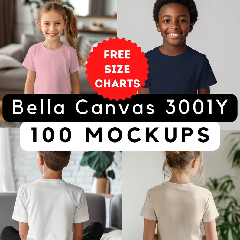 Pu&ograve; includere: Immagine con bambini che indossano magliette Bella Canvas 3001Y in vari colori, tra cui rosa, blu navy, bianco e beige. L'immagine include il testo "FREE SIZE CHARTS" e "100 MOCKUPS" in bianco su sfondo nero. I bambini sorridono.