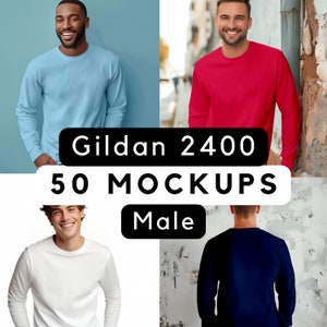 May include: Four men's long-sleeved shirts in different colours: light blue, red, white and navy blue. The shirts are all the same style and have a crew neck. The text "Gildan 2400 50 MOCKUPS Male" is displayed on the image.