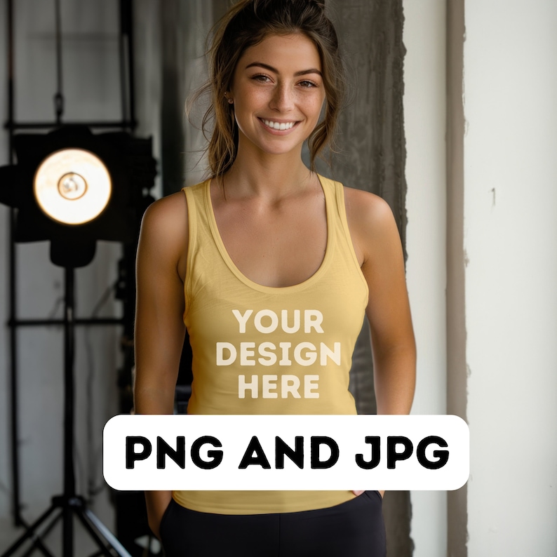 Pu&ograve; includere: Una donna indossa una canotta gialla con la scritta "YOUR DESIGN HERE" stampata sul davanti. Il testo &egrave; bianco. La canotta &egrave; un mockup per un progetto di design. L'immagine &egrave; etichettata "PNG AND JPG" in un rettangolo nero.