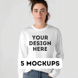 G2400 Mockup Bundle, Gildan 2400 weiß Mockup, Langarm Mockup, T Shirt Mockup, Print-on-Demand, kommerzielle Nutzung, 5 weibliche Model Mock-Ups