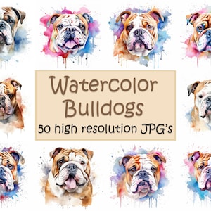 Watercolor bulldogs, 50 high resolution JPG&#39;s, bulldog clipart,  bulldogs, clipart, cute bulldogs ,  pet art, poster print, clipart, JPG