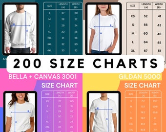 May include: Size charts for Gildan 18000, Gildan 5000B, Bella + Canvas 3001, and Gildan 5000 t-shirts. The charts show the length and width measurements in inches and centimeters for different sizes, including XS, S, M, L, XL, 2XL, 3XL, 4XL, and 5XL.