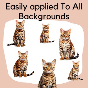 May include: Six brown tabby cats with black stripes are sitting on a white background. The cats are all looking at the camera. The text "Easily applied To All Backgrounds" is at the top of the image.