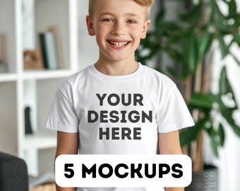 Bella Canvas 3001Y mockupbundel, mockupbundel kindert-shirt, mockup jeugdt-shirt, Bella Canvas 3001Y witte mockup, model voor 5 jongens, model png