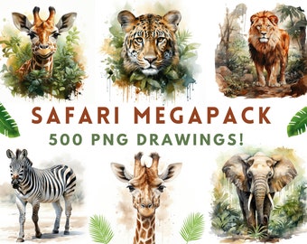 Safari animal clip art megapack | 500 PNG designs bundle | water color print | safary animals | elephants, lions, zebras, leopards, giraffes