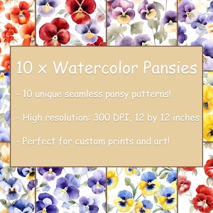 Watercolor pansies, 10 seamless patterns, pansies, pansy clipart, flowers clipart, floral clipart, flowers, PNG, JPG, spring, clipart.