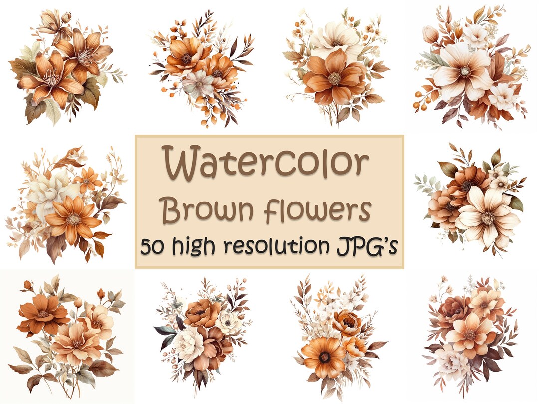 Watercolor Vintage Brown Flowers, Brown Flower Clipart, 50 High Quality