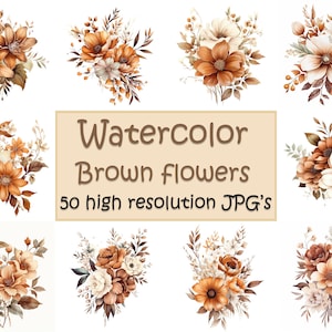 Aquarela flores marrons vintage, clipart de flores marrons, 50 JPGs de alta qualidade, flores da primavera, flores, flores vintage, clipart de flores