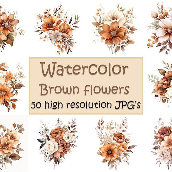 Watercolor vintage brown flowers,  brown flower clipart, 50 High Quality JPGs, spring flowers, flowers,  vintage flowers, flower clipart