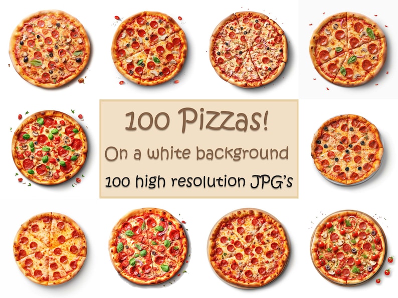 K&ouml;nnte beinhalten: 100 Pizzas! Auf wei&szlig;em Hintergrund. 100 hochaufl&ouml;sende JPGs. Eine Sammlung von 10 verschiedenen Pizzen mit verschiedenen Bel&auml;gen, darunter Pepperoni, Pilze, Oliven und K&auml;se, sind auf einem wei&szlig;en Hintergrund angeordnet.