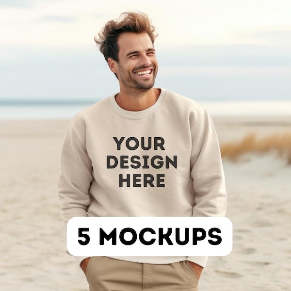 Men sand sweatshirt gildan 18000 mockup, male model mockup, print-on-demand, beige sweatshirt mock-up, commercial use, 5 beige mockup pngs