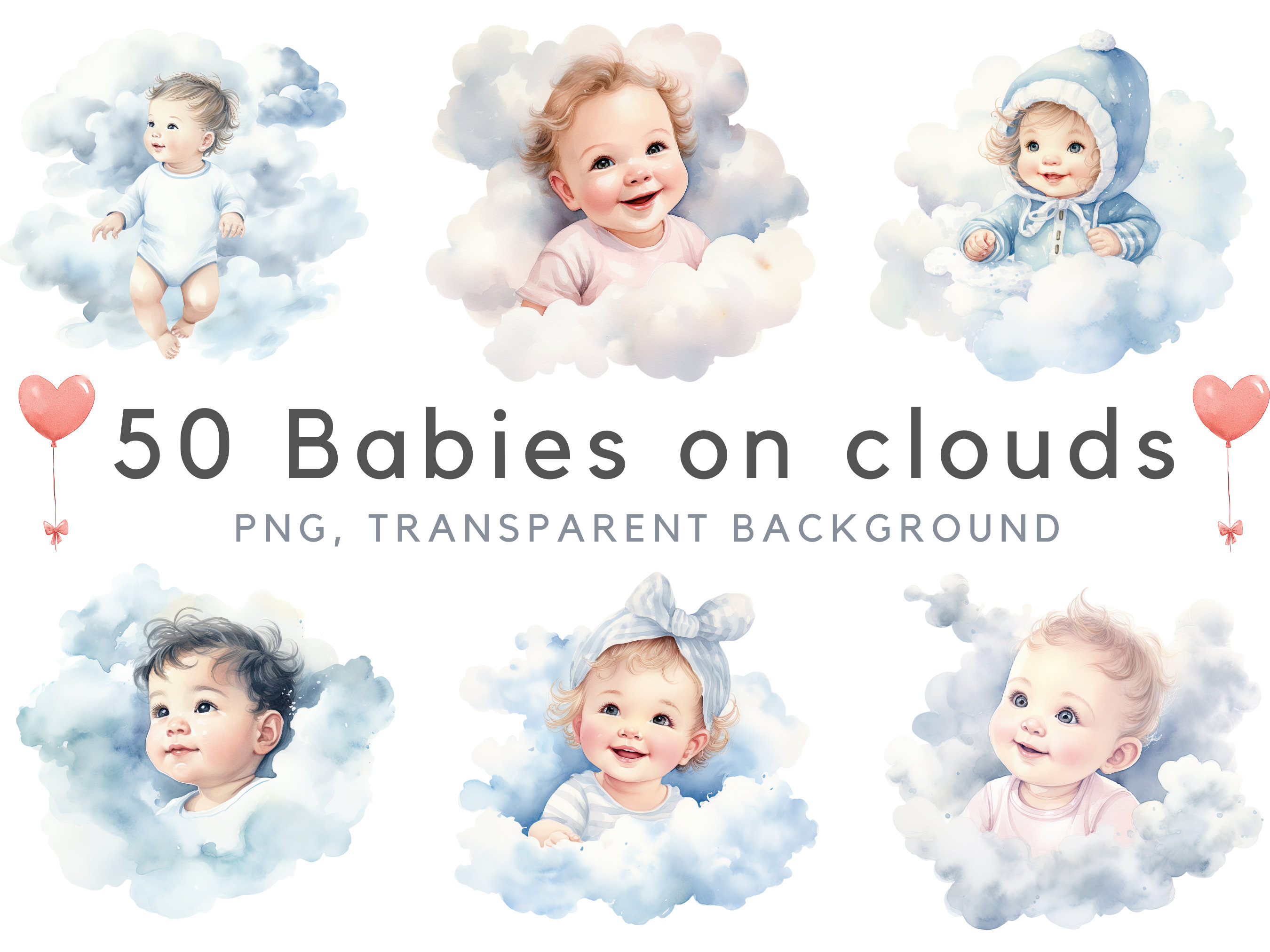 Babies on Clouds Clipart, Babyboy, Babygirl, Baby Watercolor Clipart