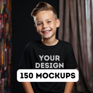 May include: A young person wearing a black t-shirt with the text "YOUR DESIGN" and "150 MOCKUPS" printed on the front.