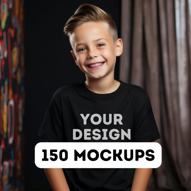 May include: A young person wearing a black t-shirt with the text "YOUR DESIGN" and "150 MOCKUPS" printed on the front.