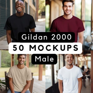 May include: Three men wearing different colored t-shirts. Gildan 2000 50 Mockups Male.