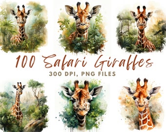 Safari giraffe jungle decorative, png bundle design, art print artful animated giraffes, water color print, clip art safary, 100 PNG designs