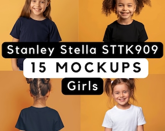 Stella Kids Mockup Bundle, STTK909 Kids Mockup, Eco tee Mockup, Stanley Mockup navy, white, black STTK909 mock up bundle, 5 girl models png