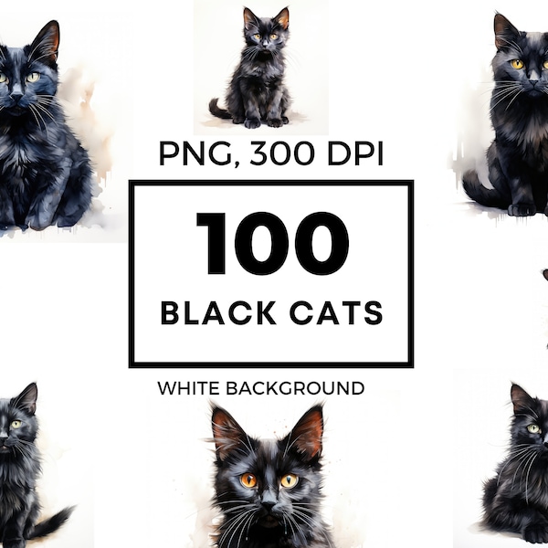 Black cat clipart designs, 100 PNG watercolor images,  cats>dogs,  cute cat png, commercial use clip art, cat drawing, digital download