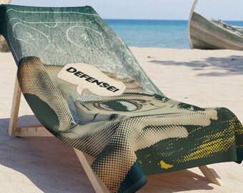 Hockey Mom Humor Beach Towel: Funny 'DEFENSE' Shout Out I Pop Art Hockey Towel