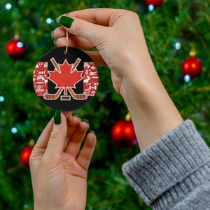 Hockey Ceramic Circle Ornament, Canadian Maple Leaf Symbol & Hockey Sticks, Hockey Home Decor, Hockey Holiday Ornament, Christmas Present