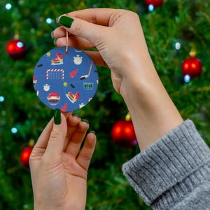 Hockey Ceramic Circle Ornament, Hockey Symbols, Ornament Home Decor Accessory, Hockey Holiday Ornament, Best Hockey Christmas Gift