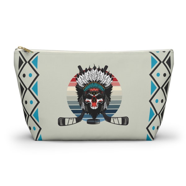 Hockey Player Accessory Pouch w T-bottom, Native American Pride Hockey Carryall Bag, Hockey Toiletry Bag, Retro Style Hockey Makeup Bag