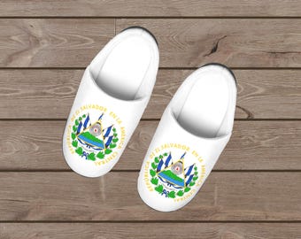 Salvadoraanse kleur wapenschild dames pantoffels, schattige El Salvador schoenen, Salvadoraanse pantoffels, cadeau voor haar, El Salvador souvenir pantoffels