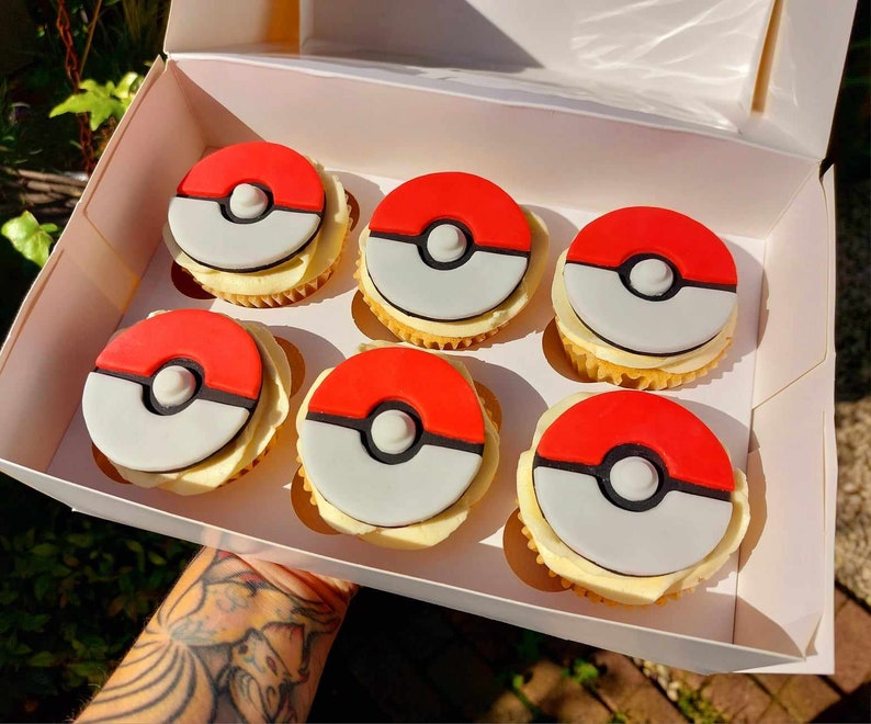 6 Pokeball Inspired Cupcake Toppers, Pokemon Style Decorations, Edible
