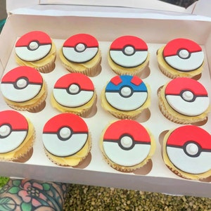 12 Pokeball Inspired Cupcake Toppers (Unofficial); Edible Fondant Cake Topper, Birthday or Celebration