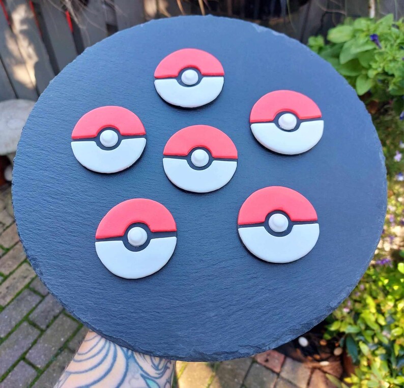 6 Pokeball Inspired Cupcake Toppers, Pokemon Style Decorations, Edible