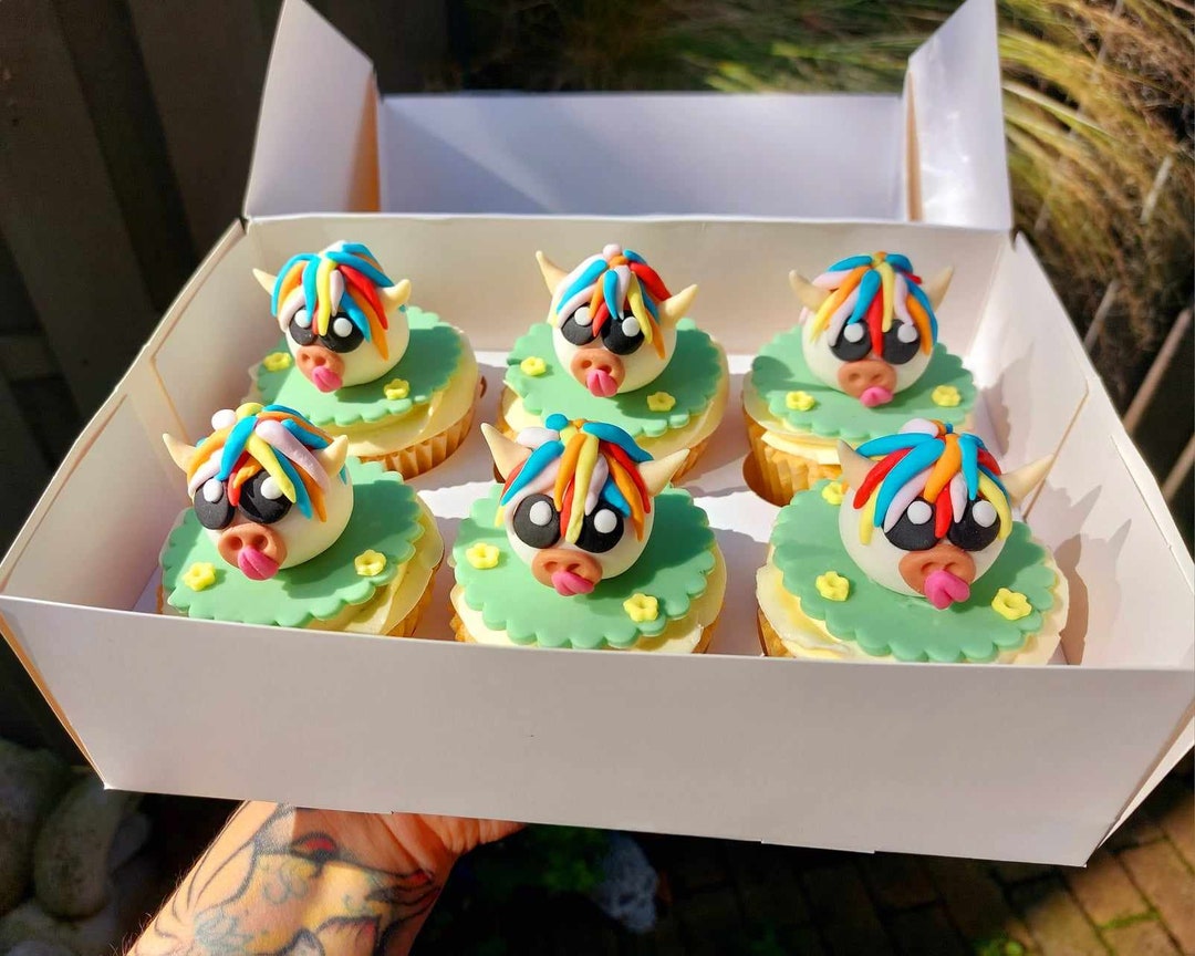 6 Highland Cow Edible Cupcake Toppers Cute Rainbows Farm Etsy UK