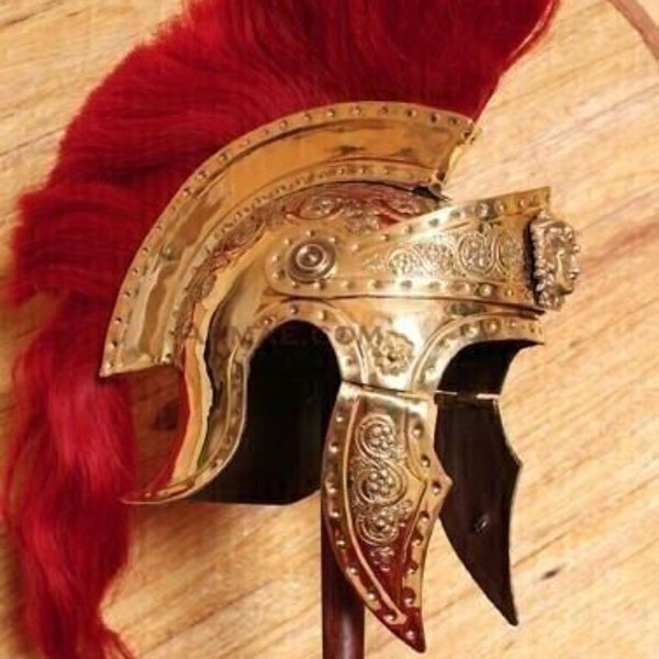 Medieval Brass Praetorian Knight Roman Helmet With Crest Red Plume gift