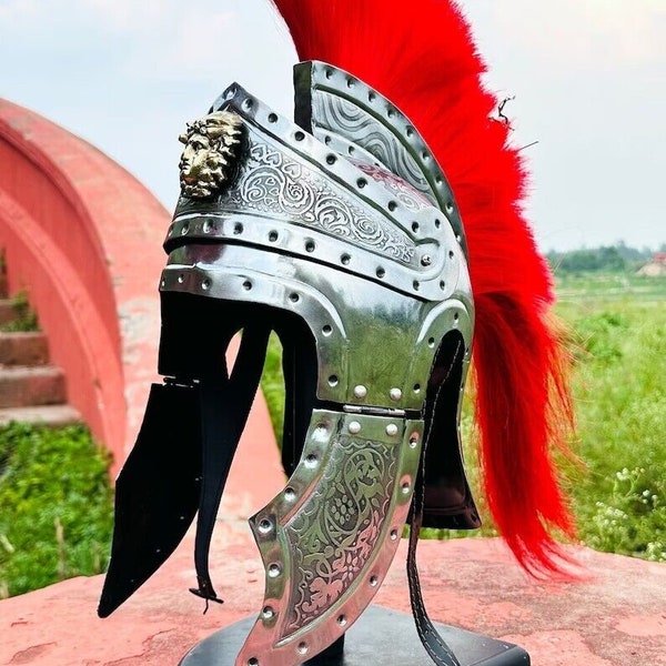 Roman Helmet Medieval Engraved Crusader Roman Helmet Medieval Armor Silver Finish Helmet With red Plume