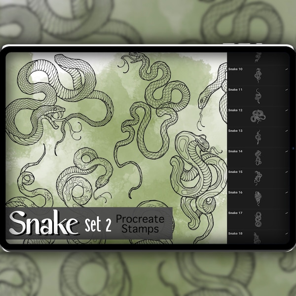 Snake Procreate-stempelset 2 - 25 Snake Serpent Reptile Brush-stempels | Illustraties | Tatoeageontwerpen | Maak een digitaal penseelpakket voort