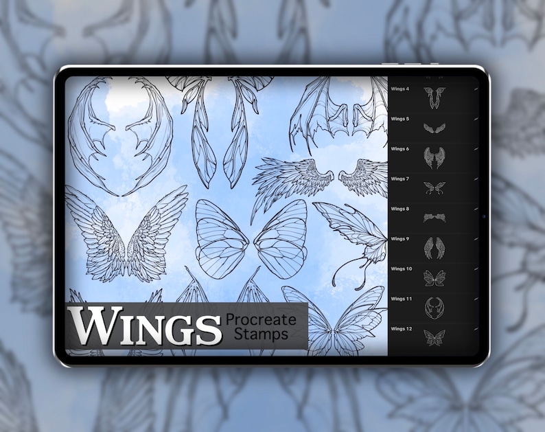 K&ouml;nnte beinhalten: Der Bildschirm eines digitalen Tablets zeigt eine Reihe von 12 Procreate-Stempeln mit verschiedenen Fl&uuml;geldesigns. Die Stempel sind mit "Wings 1" bis "Wings 12" beschriftet und umfassen Engelsfl&uuml;gel, Schmetterlingsfl&uuml;gel und Drachenfl&uuml;gel. Der Text "WINGS Procreate Stamps" wird am unteren Bildschirmrand angezeigt.