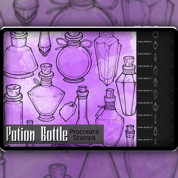 Potion Bottle Procreate Stamp Set 1 - 25 Apothecary Vial Bottle Brush Stamps | Illustrations | Dessins de tatouage | Art numérique | Halloween