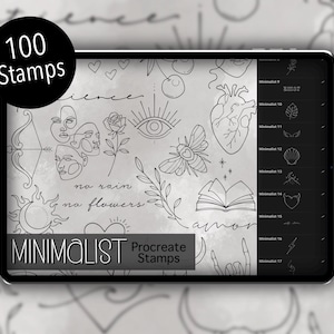Peut inclure: Une tablette numérique affiche des tampons Procreate minimalistes. L'écran présente divers dessins au trait, notamment des visages, des fleurs, des cœurs et un œil. Le texte "100 Stamps" est dans un cercle noir, et "MINIMALIST Procreate Stamps" est en bas.