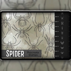 May include: A digital illustration of 18 different spider designs on a tablet screen. The text "SPIDER Procreate Stamps" is displayed on the screen.